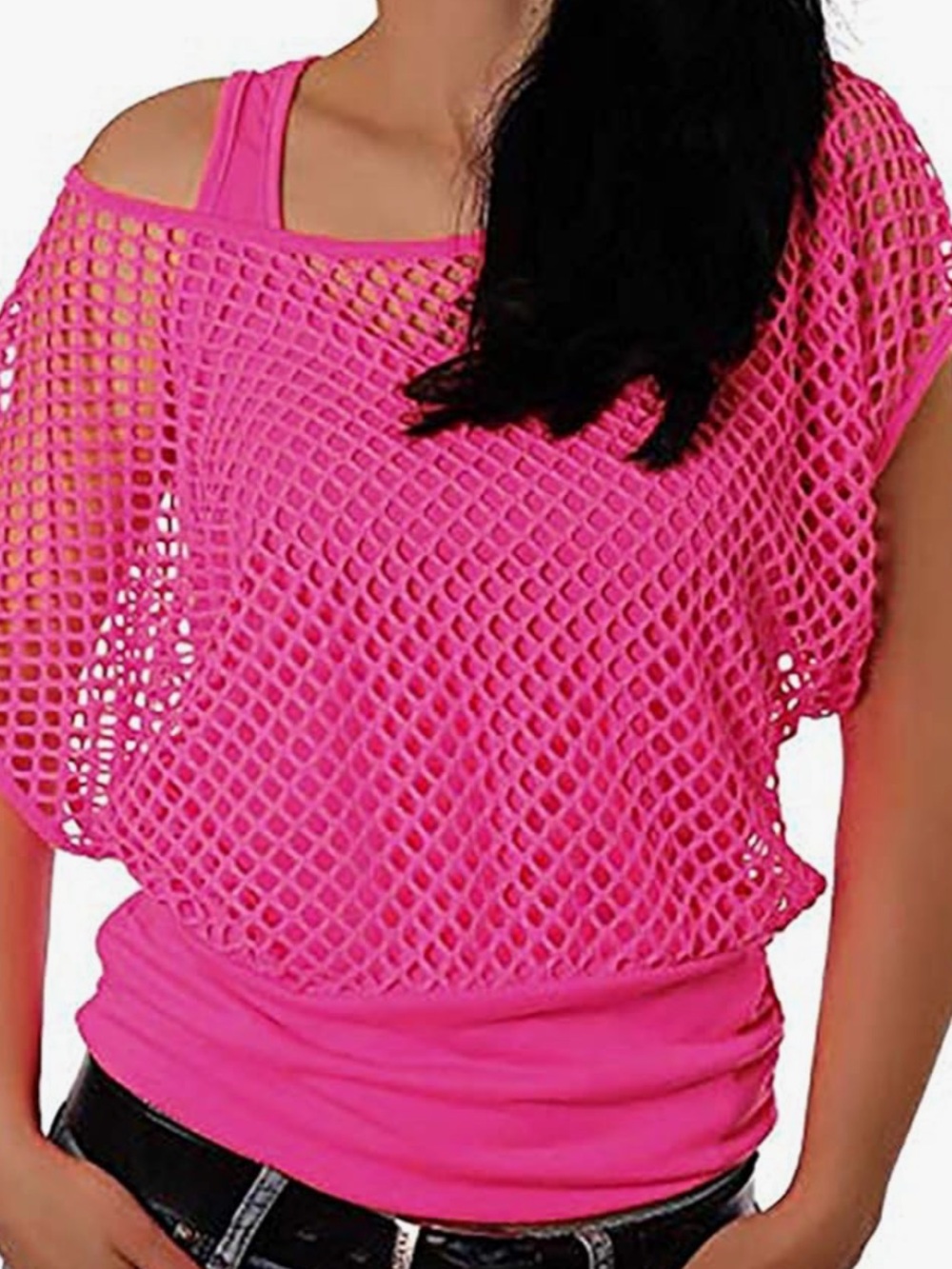 Sexy 80s Fishnet Neon Pink Off Shoulder T-Shirt size XL